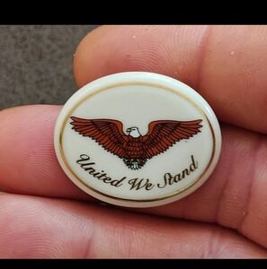 Vintage 1980s "United We Stand" Patriotic Ceramic Bald Eagle Pin.